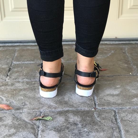 Black Cork Thick Flatform Strappy Sandals - Picture 4 of 7